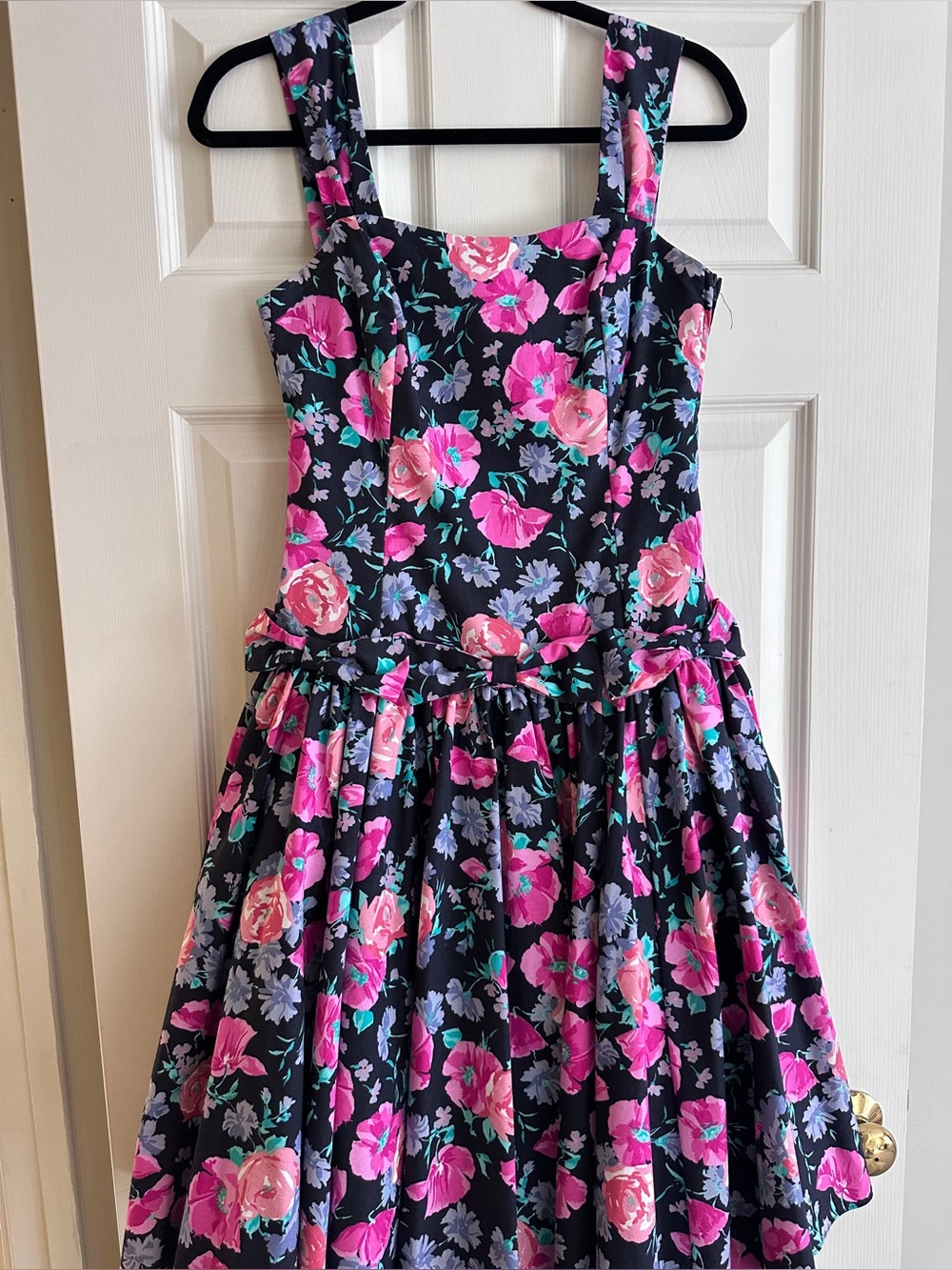 Vtg Rare Laura Ashley Strapped Dress Build In Tulle Waist Bow Black Pink Sz10